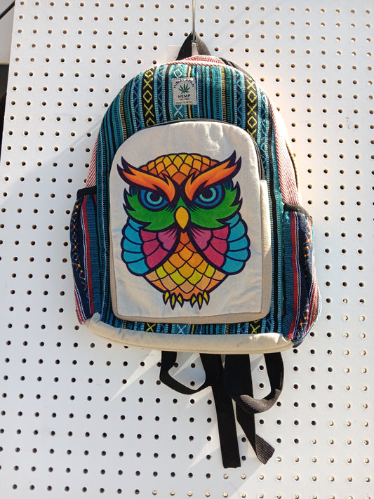 Multicolored screen printed hemp owl backpack